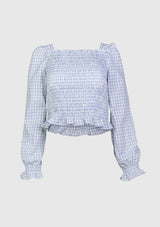 Square-Neck Long Puff-Sleeve Shirred Blouse in Blue Check