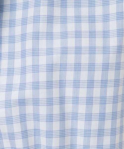 Square-Neck Long Puff-Sleeve Shirred Blouse in Blue Check