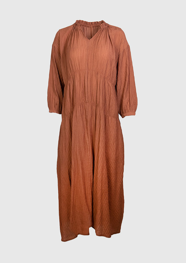 Shirred Flare Maxi Dress with Long Sleeves in Brown