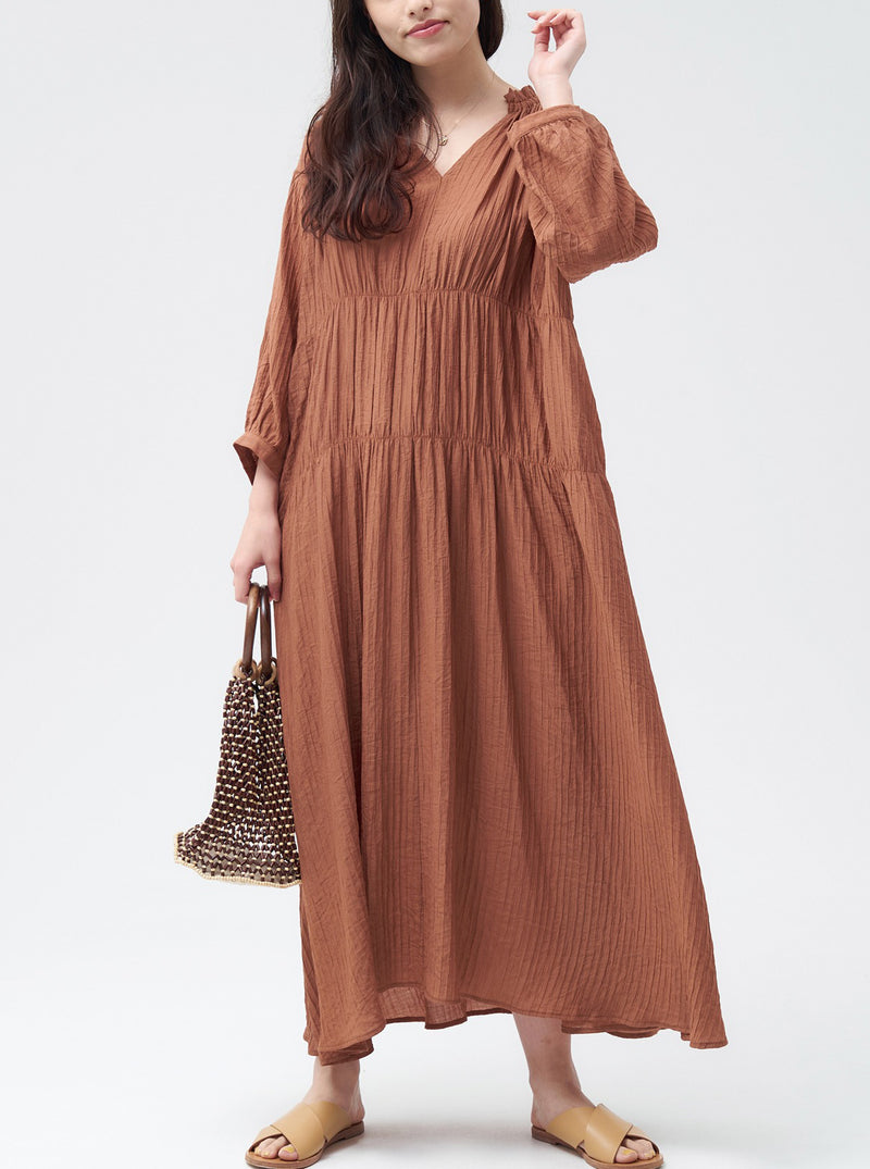 Shirred Flare Maxi Dress with Long Sleeves in Brown