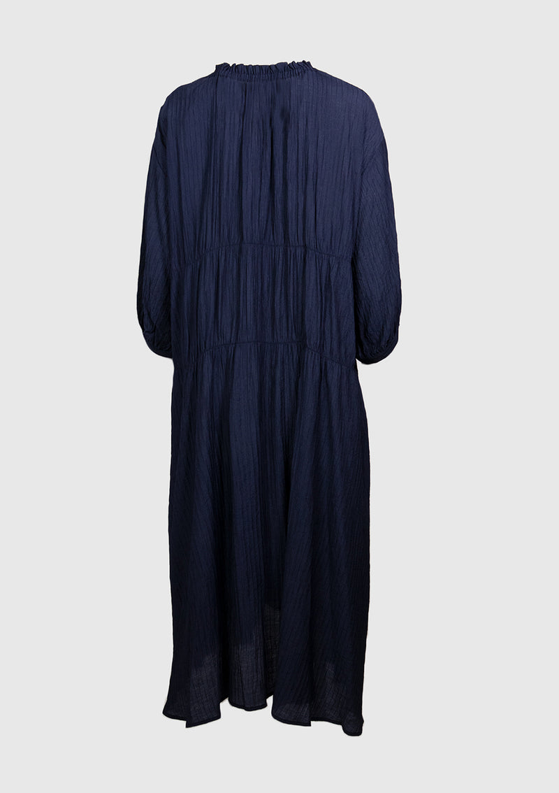 Shirred Flare Maxi Dress with Long Sleeves in Navy