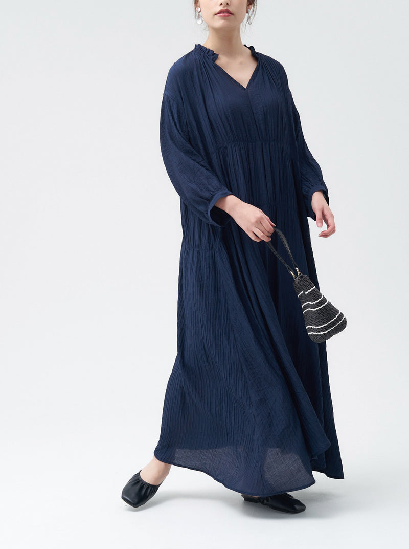 Shirred Flare Maxi Dress with Long Sleeves in Navy