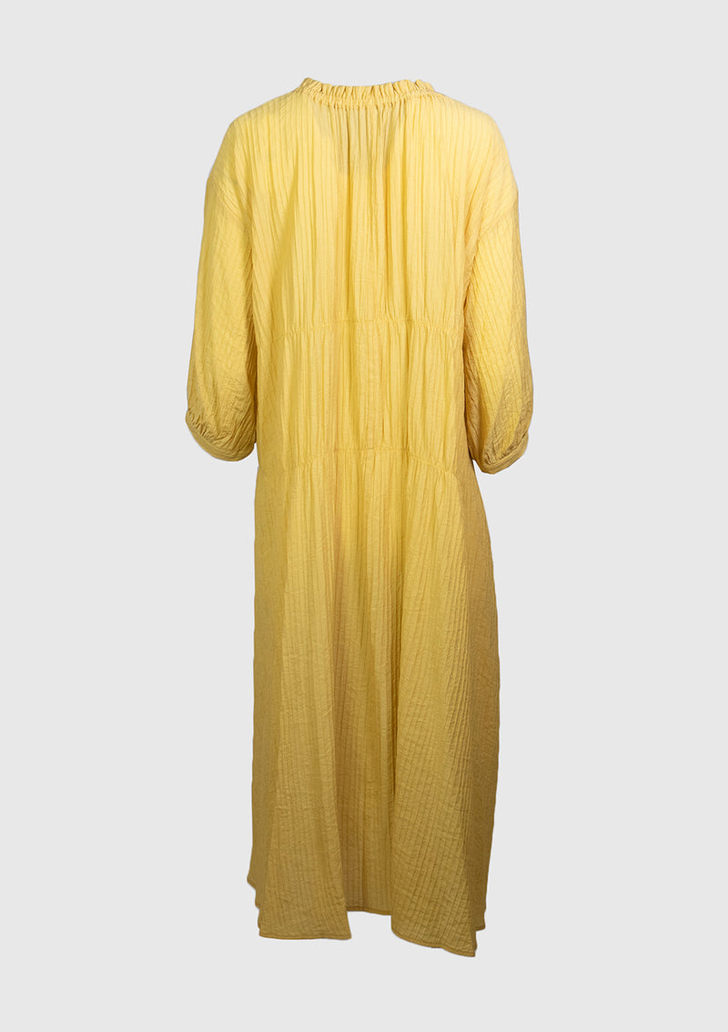 Shirred Flare Maxi Dress with Long Sleeves in Yellow