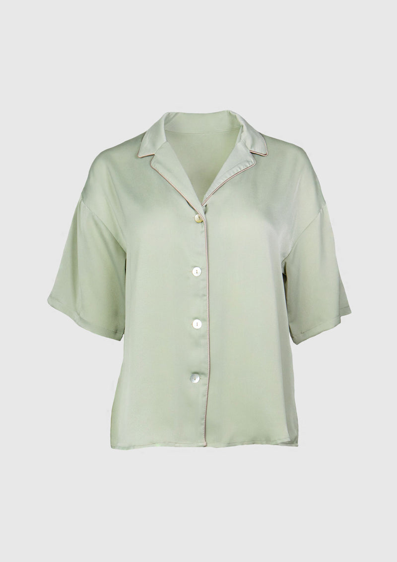 Contrast Piping Pyjama-Style Shirt in Light Green