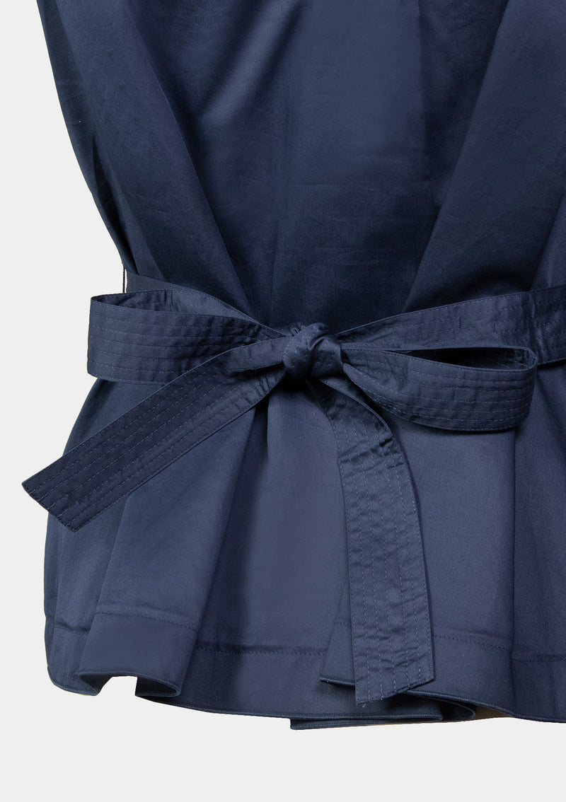 Sleeveless Bi-Fabric V-Back Blouse with Sash in Navy - LUMINE SINGAPORE