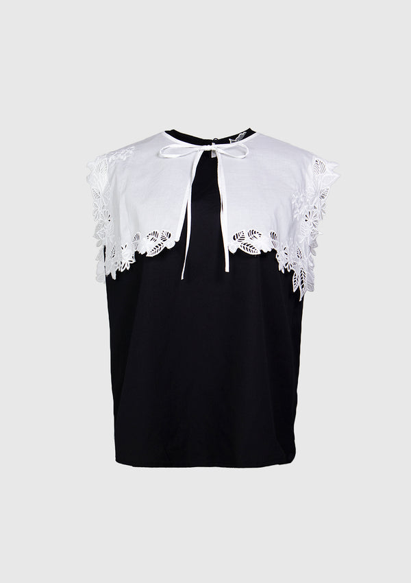 Sleeveless Blouse with Removable Broderie Collar in Black