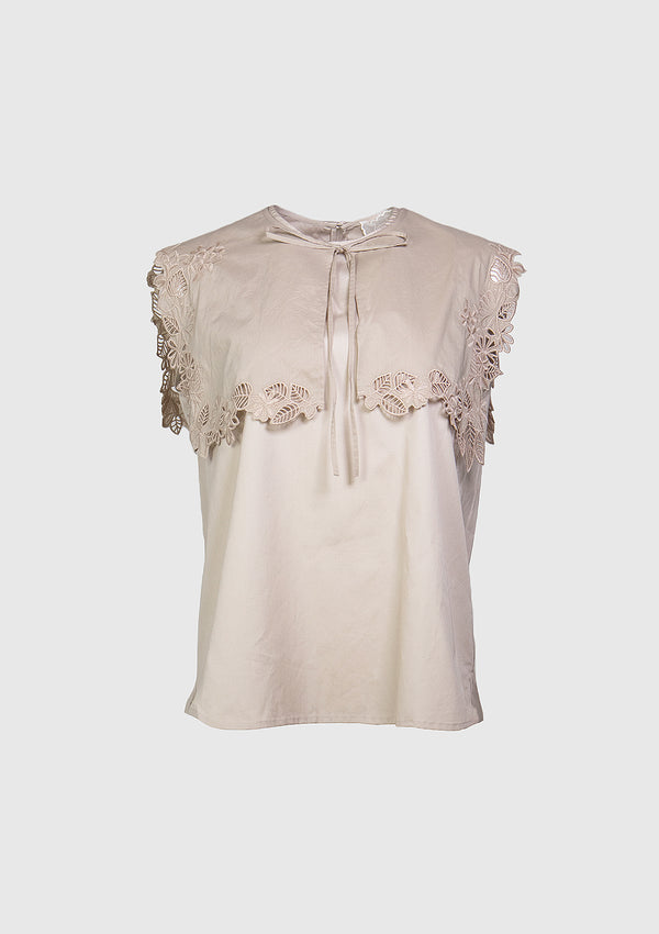 Sleeveless Blouse with Removable Broderie Collar in Beige