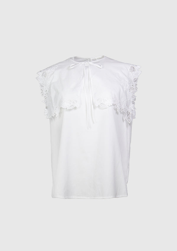 Sleeveless Blouse with Removable Broderie Collar in White