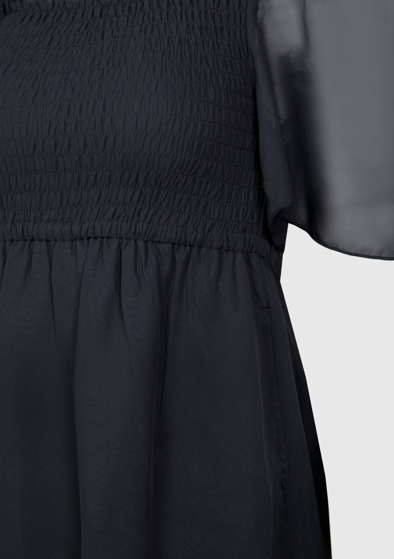 Square-Neck Ruffled-Hem Shirred Midi Dress in Black