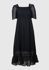 Square-Neck Ruffled-Hem Shirred Midi Dress in Black