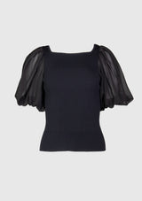 Square-Neck Chiffon Tulle Puff-Sleeved Pullover in Black