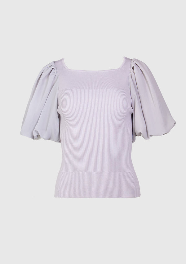 Square-Neck Chiffon Tulle Puff-Sleeved Pullover in Light Grey