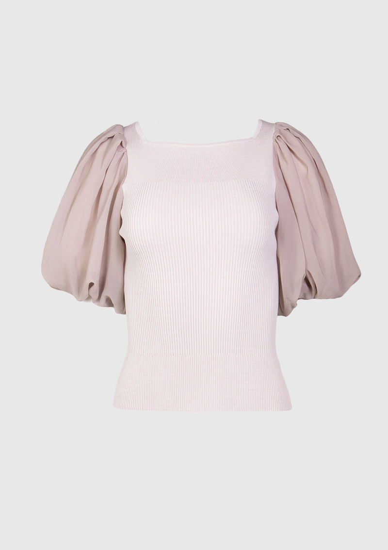 Square-Neck Chiffon Tulle Puff-Sleeved Pullover in Grey