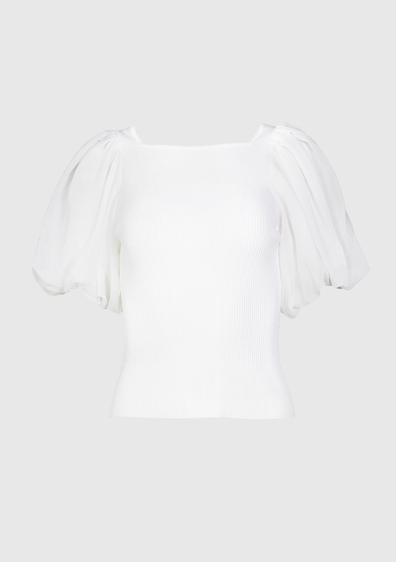 Square-Neck Chiffon Tulle Puff-Sleeved Pullover in Off White