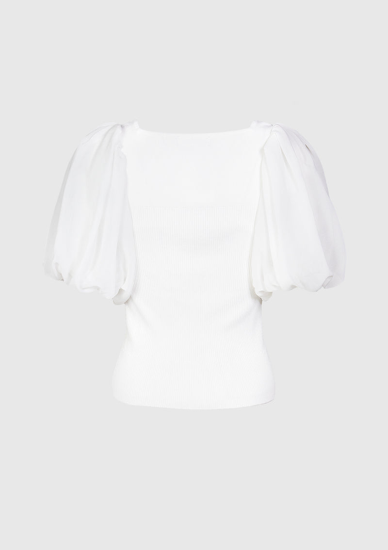 Square-Neck Chiffon Tulle Puff-Sleeved Pullover in Off White