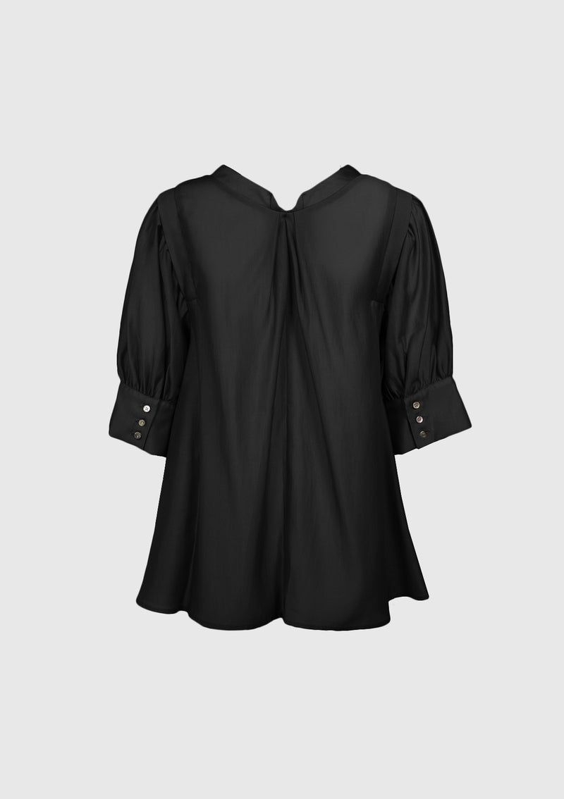 Stand-Collar Puff-Sleeved Sheer Blouse in Black