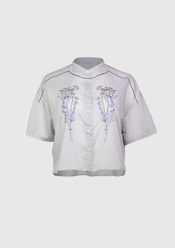 Stand-Collar Embroidered Shirt in Light Grey
