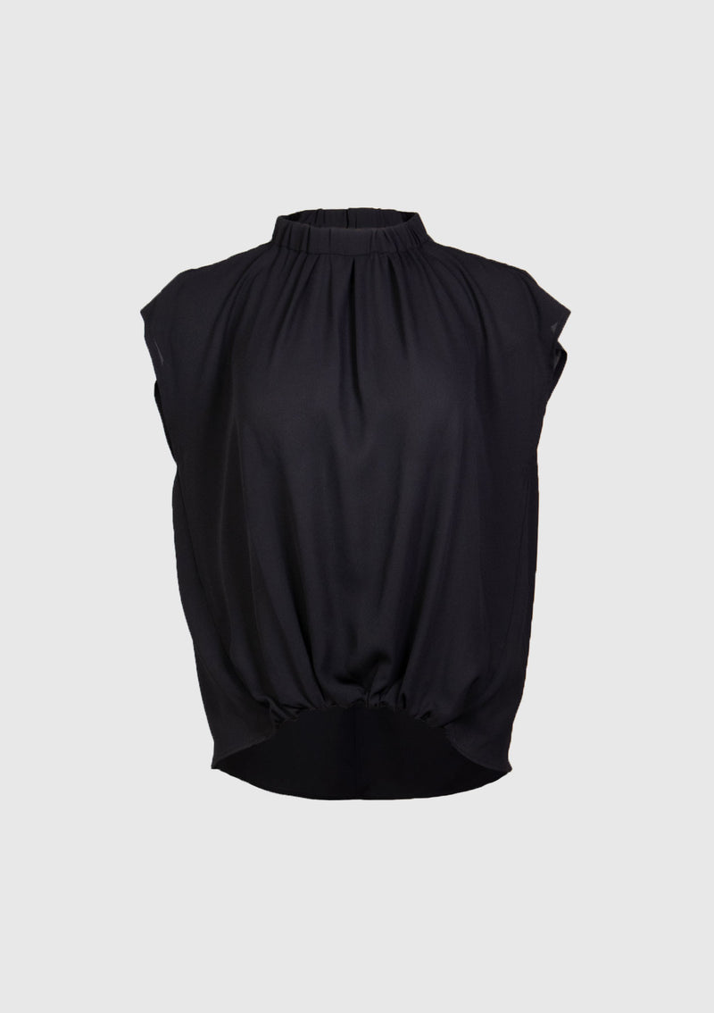 Stand Collar Gathered Blouse in Black
