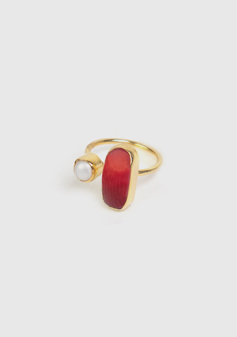 Coral And Pearl Ring in Red
