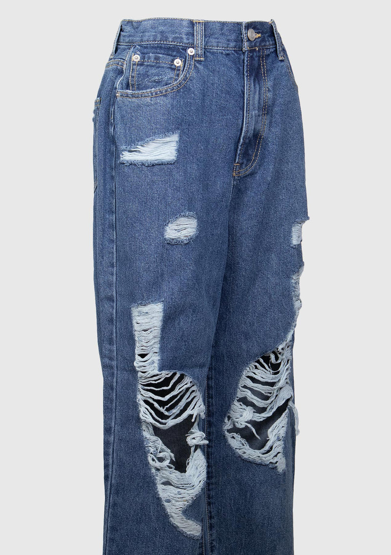 Straight-Leg Ripped Jeans in Denim Medium Wash
