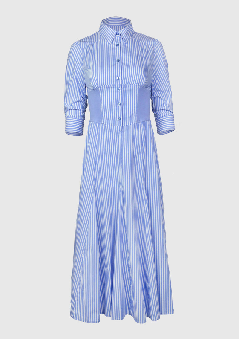 Striped Ribbed Lace-Up Waist Flare Shirtdress in Light Blue