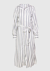 Striped Open-Collar Long-Sleeved Shirtdress with Sash in White