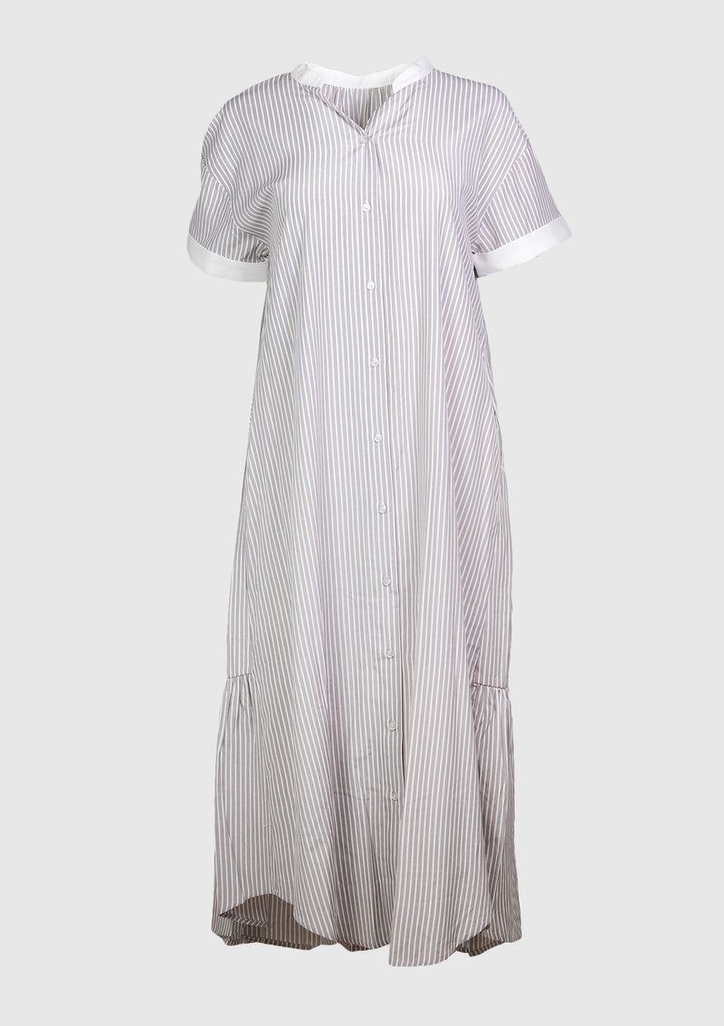 Striped Tiered Maxi Shirt Dress in Grey Stripe