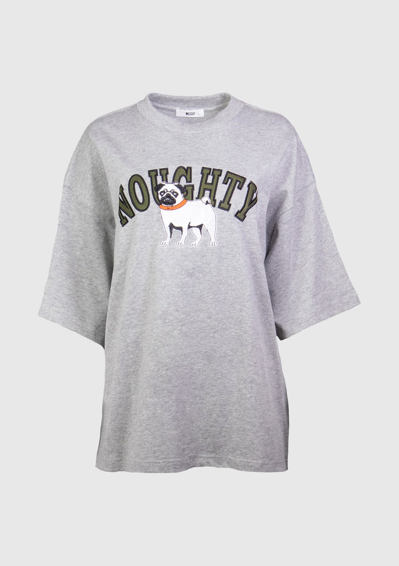 PUG Embroidered Applique Oversized Tee in Grey