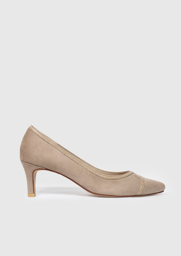 Faux Suede Point-Toe Heeled Pumps in Beige - LUMINE SINGAPORE