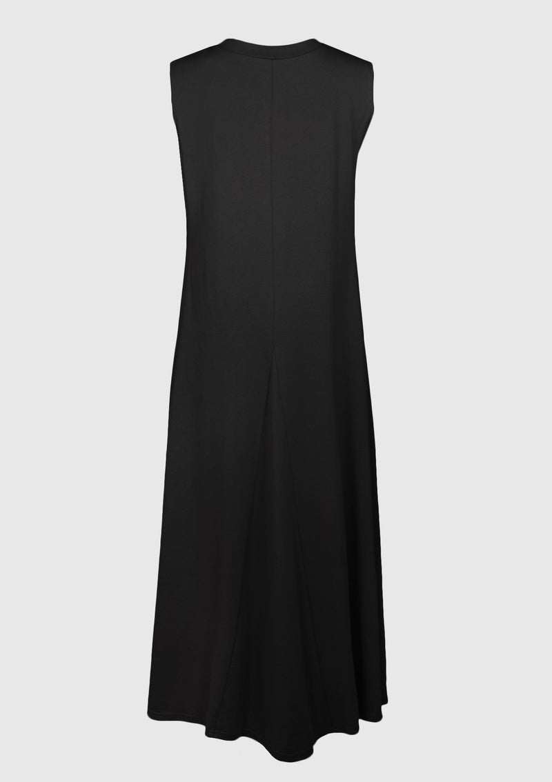 Round-Neck Cap-Sleeve Flare Maxi Dress in Black
