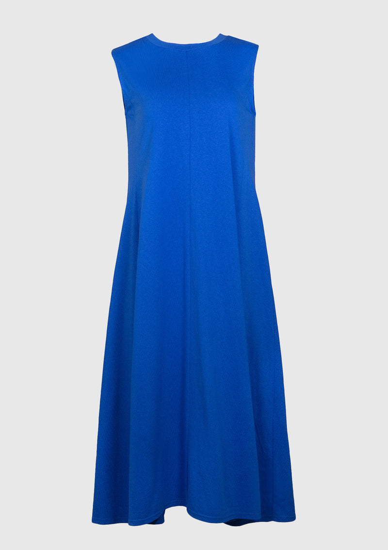 Round-Neck Cap-Sleeve Flare Maxi Dress in Blue
