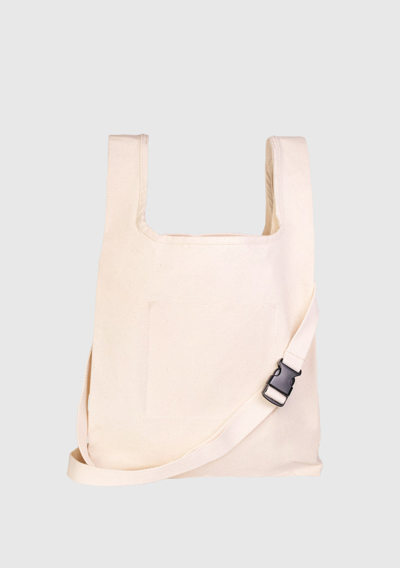 DEEDS NOT WORDS Multiway Graphic Print  Canvas Tote in Off White