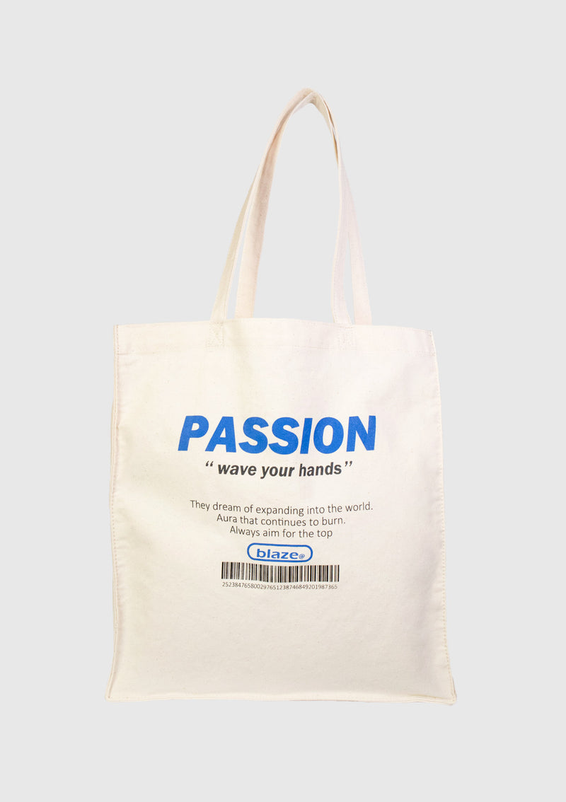 PASSION Slogan Print Boxy Canvas Tote Bag in Off White