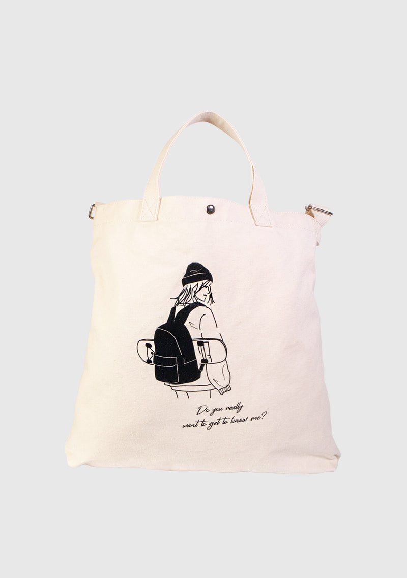 SKATERGIRL 2-Way Canvas Illustration Print Tote in Off White