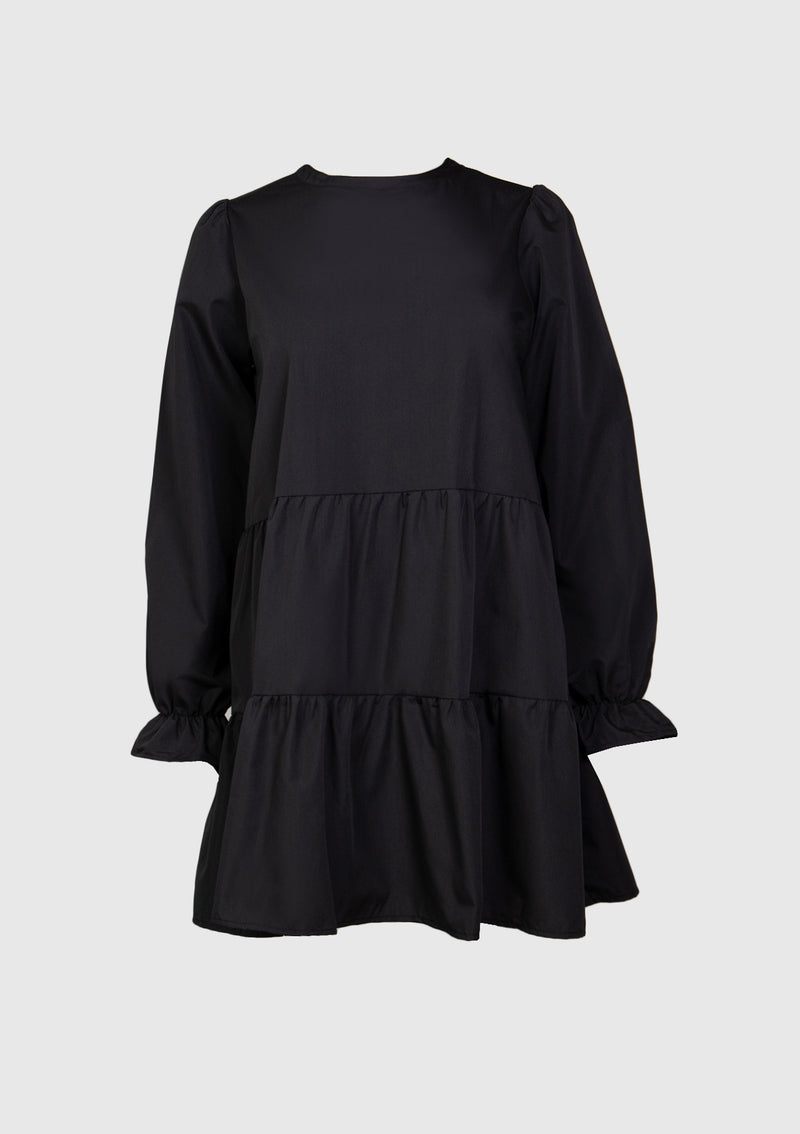 Crew-Neck Tiered Tunic with Peasant-Style Sleeves in Black