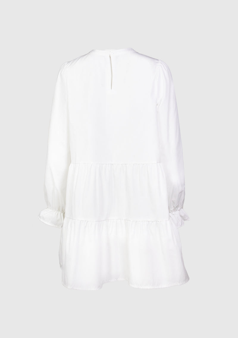 Crew-Neck Tiered Tunic with Peasant-Style Sleeves in White
