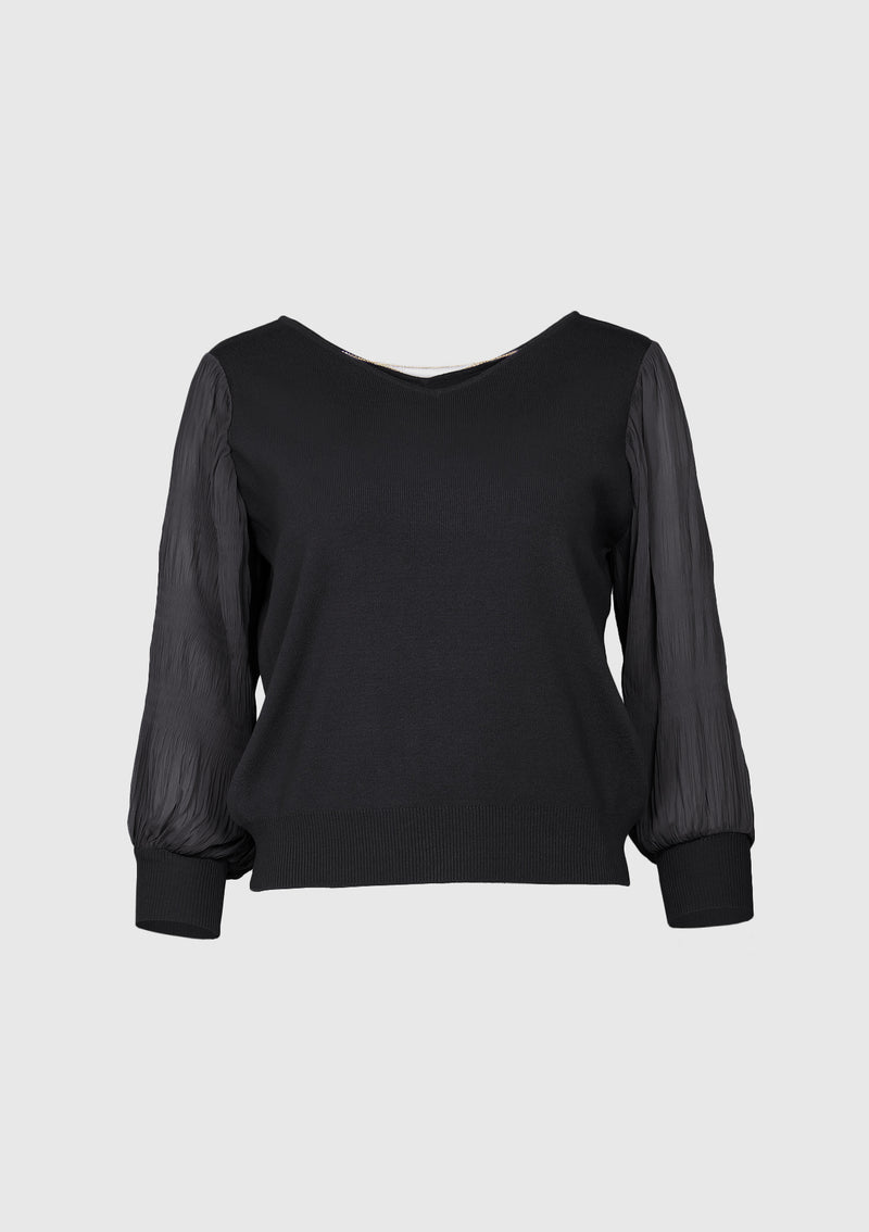 V-Neck Sweater with Chiffon Sleeves & Chain Accent in Black - LUMINE SINGAPORE
