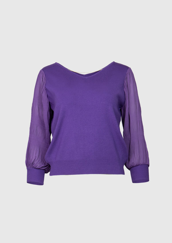 V-Neck Sweater with Chiffon Sleeves & Chain Accent in Purple - LUMINE SINGAPORE