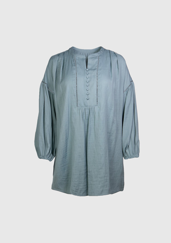 Ladder Embroidery Gathered Blouse in Light Blue