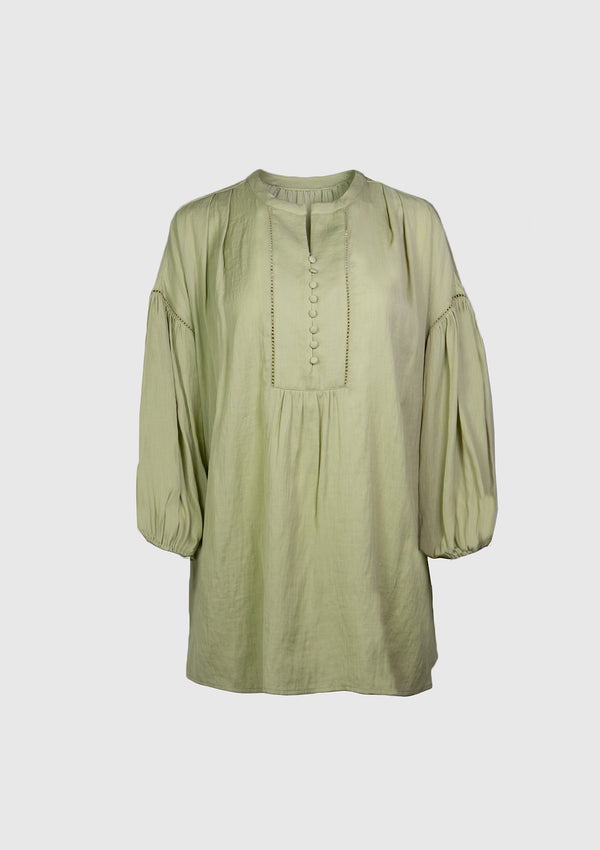 Ladder Embroidery Gathered Blouse in Light Green