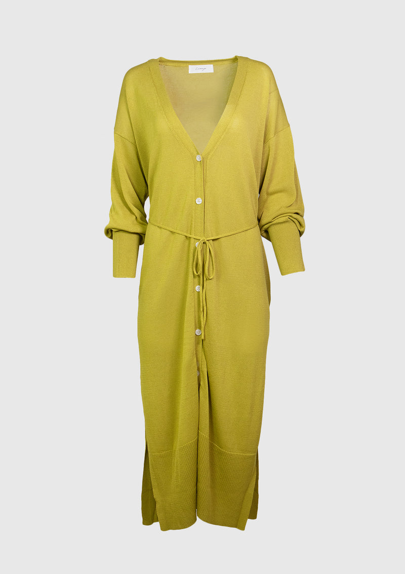V-Neck Long Cardigan with Side Slit in Yellow