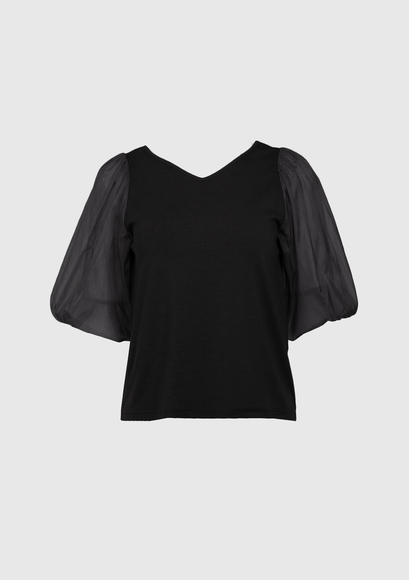 V-Neck Blouse with Organdy Puff Sleeves in Black