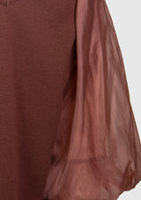 V-Neck Blouse with Organdy Puff Sleeves in Brown