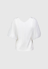 V-Neck Blouse with Organdy Puff Sleeves in Off White