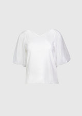 V-Neck Blouse with Organdy Puff Sleeves in Off White