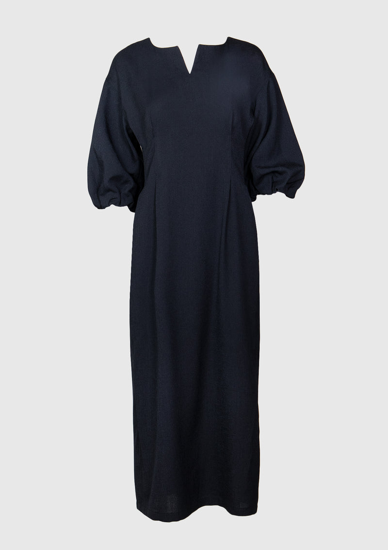 Half-Sleeve Gathered-Cuff Midi Dress in Navy