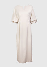 Half-Sleeve Gathered-Cuff Midi Dress in White