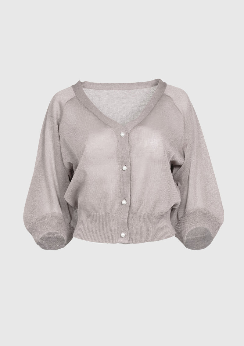 V-Neck Sheer Cardigan with Pearl Buttons in Light Grey