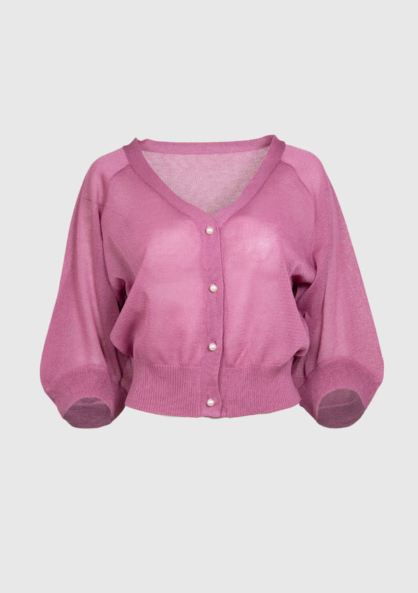 V-Neck Sheer Cardigan with Pearl Buttons in Pink