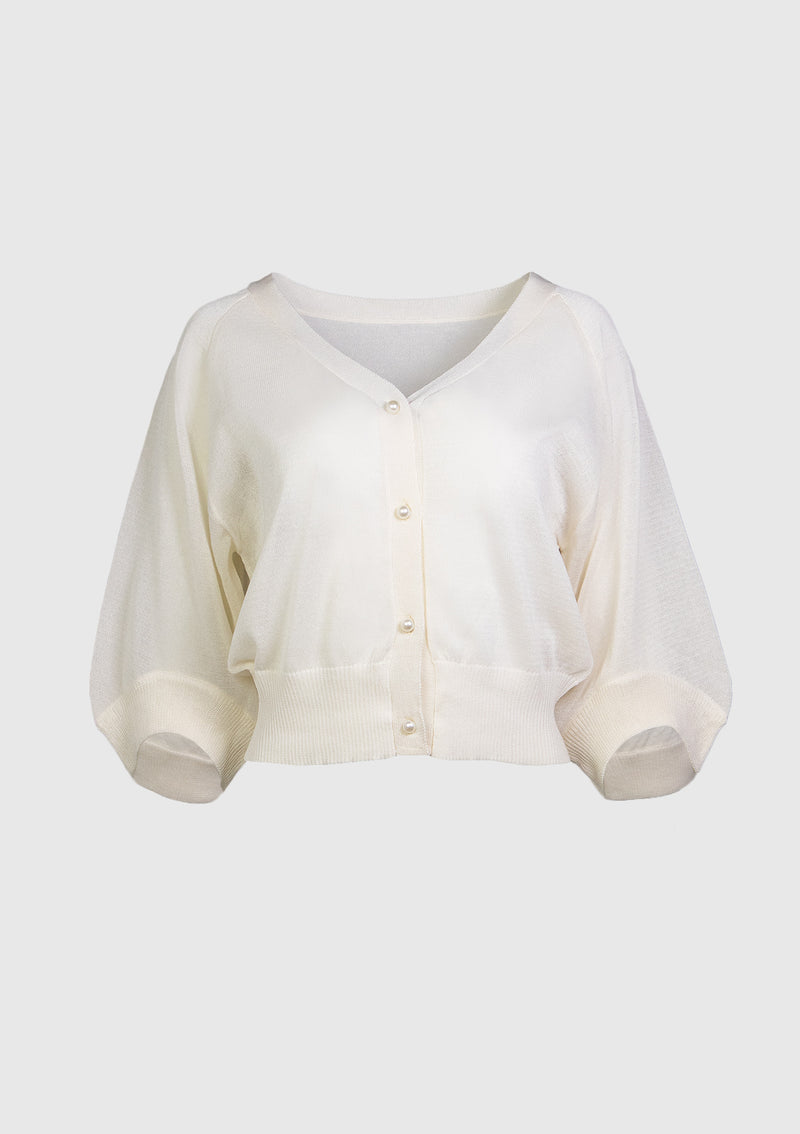 V-Neck Sheer Cardigan with Pearl Buttons in White